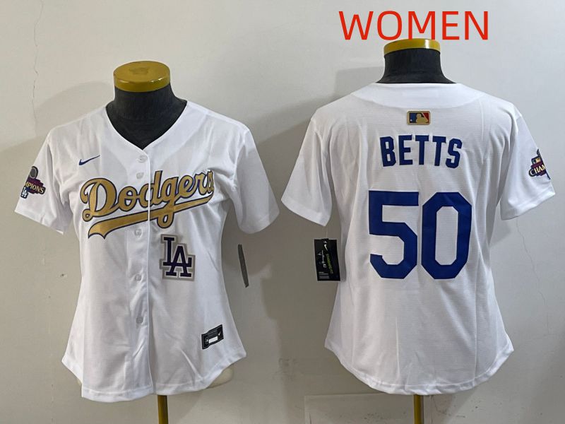 Women Los Angeles Dodgers #50 Betts White Champion edition Nike MLB Jersey style 006